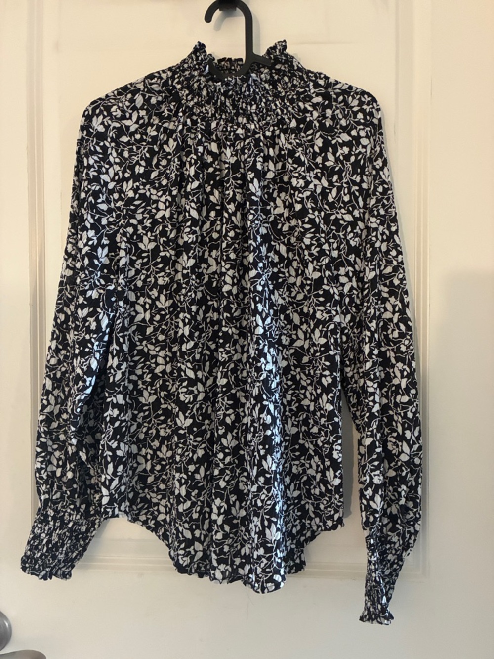 LOFT Black and White Floral Smocked-Neck Blouse